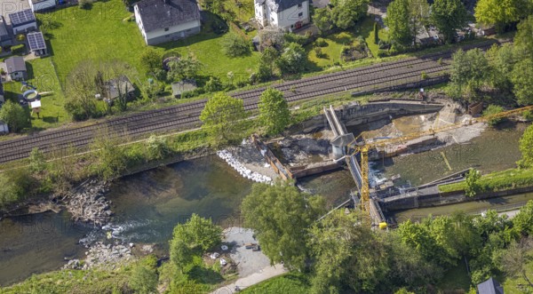 Aerial view, construction site, construction works renovation Velmede dam, Velmede, Bestwig, Sauerland, North Rhine-Westphalia, Germany, construction site, construction works, renovation, dam, infrastructure, construction projects, architecture, engineering, river, water, machinery, construction, labour, scaffolding, cranes, technology, landscape, development, environmental protection, modernisation, public works, region, river system, bridge, concrete, control, hydrology, dams, repair, rivers, construction site safety, aerial view