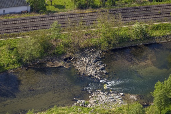 Aerial view, boulders in the river Ruhr, Velmede, Bestwig, Sauerland, North Rhine-Westphalia, Germany, river, Ruhr, boulders, landscape, nature, water, bird's eye view, riverbed, rocks, rural, summer, day, peaceful, quiet, environment, green, vegetation, bank, natural habitat