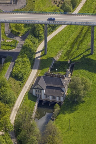Aerial view, Velmede hydropower plant at the Ruhr Valley Bridge Velmede, Velmede, Bestwig, Sauerland, North Rhine-Westphalia, Germany, hydropower plant, Ruhr Valley Bridge, infrastructure, power generation, bridge, river, landscape, technology, building, water, nature, sky, engineering, architecture, electricity, renewable energy, environment, green, technology, transport, traffic, region, Europe, engineering, power generation, energy, sustainability, perspective