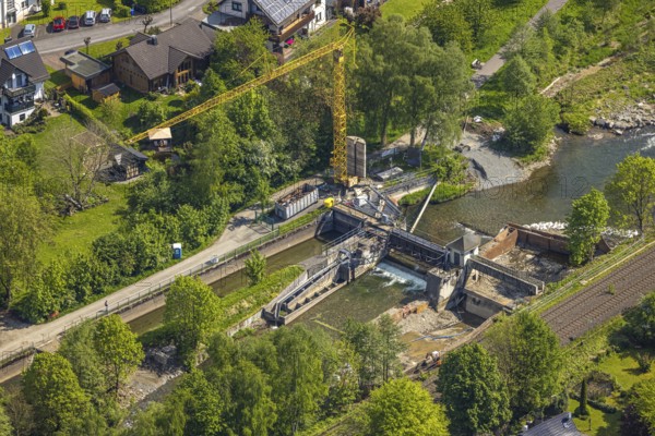 Aerial view, construction site, construction work, renovation of Velmede dam, Velmede, Bestwig, Sauerland, North Rhine-Westphalia, Germany, construction site, construction work, renovation, dam, construction, engineering, infrastructure, river, water, dam, reconstruction, machines, tools, workers, cranes, buildings, landscape, bricks, materials, environment, technology, building construction, architecture, structure, area, summer, daylight, aerial view, geographical
