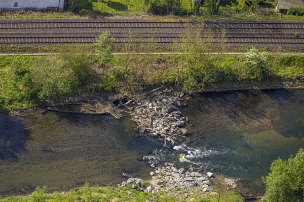 Aerial view, boulders in the river Ruhr, Velmede, Bestwig, Sauerland, North Rhine-Westphalia, Germany, boulders, river, Ruhr, landscape, nature, geology, riverbed, water, outdoor shot, drone shot, geographical, region, Europe, tree, green, environment, stone, bank, summer, day, clear, peaceful, picturesque, environment, no human being