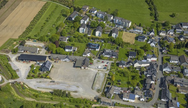 Aerial view, Hof Norbert Wiese GmbH, residential area Mühlenstraße corner Kanalstraße, Velmede, Bestwig, Sauerland, North Rhine-Westphalia, Germany, Hof, Norbert Wiese GmbH, residential area, Mühlenstraße, Kanalstraße, town, buildings, houses, streets, traffic, aerial view, settlement, residential buildings, infrastructure, rural, village, neighbourhood, architecture, outdoor area, environment, region, landscape, overview, settlement area, traffic connection, daylight