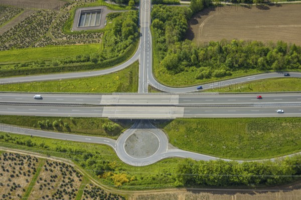 Aerial view, motorway A46 junction Bestwig, shapes and colours, Velmede, Bestwig, Sauerland, North Rhine-Westphalia, Germany, motorway, A46, junction, shapes, colours, roads, traffic, infrastructure, intersection, vehicles, landscape, city, nature, settlement, bridges, curves, geometric, design, civilisation, structure, bird's eye view, transport, motorway junction, region, rural, urban, engineering, architecture, elevations