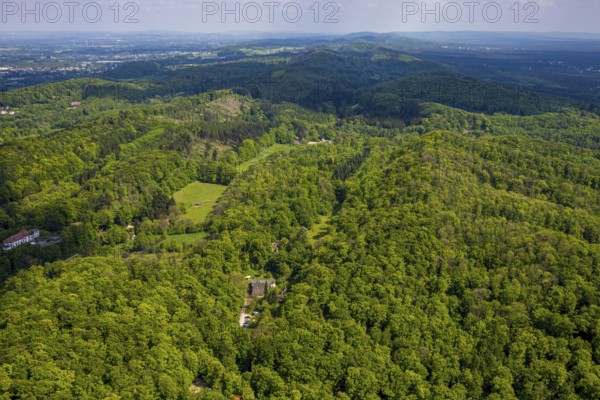 Aerial view, Teutoburg Forest, low mountain range and mountain range with distant view, Brackwede, Bielefeld, East Westphalia, North Rhine-Westphalia, Germany, low mountain range, mountain range, distant view, nature, landscape, trees, forests, green, panorama, view, hill, terrain, outdoor, daylight, tranquillity, beauty, natural beauty, serenity, rural, flora, sky, horizon, vegetation, environment, ecological, environmental protection, recreation, destination