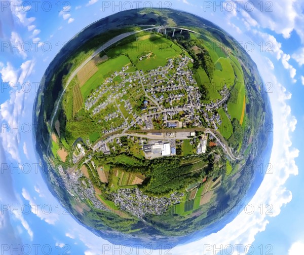 Aerial view, residential area view of Nuttlar and federal road B7 with commercial area Vermeer Deutschland GmbH, railway line, above the motorway A46 with viaduct Nuttlar, globe, fisheye image, fisheye image, 360 degree image, tiny world, little planet, fisheye image, Nuttlar, Bestwig, Sauerland, North Rhine-Westphalia, Germany, residential area, local view, federal road B7, commercial area, Vermeer Deutschland GmbH, motorway A46, viaduct Nuttlar, infrastructure, traffic connection, bridge, panorama, perspective, cityscape, village, rural, traffic, architecture, landscape, environment, technology, construction, transport, photography, wide angle, engineering, traffic systems, urban planning, urban, bird's eye view