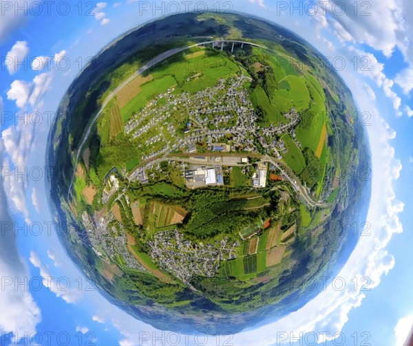Aerial view, residential area, view of Nuttlar and federal road B7 with industrial estate Vermeer Deutschland GmbH, railway line, above the motorway A46 with viaduct Nuttlar, globe, fisheye image, fisheye image, 360 degree image, tiny world, little planet, fisheye image, Nuttlar, Bestwig, Sauerland, North Rhine-Westphalia, Germany, Residential area, local view, federal road B7, commercial area, Vermeer Deutschland GmbH, motorway A46, viaduct Nuttlar, infrastructure, traffic, panorama, cityscape, bridge, industrial landscape, nature, architecture, settlement, houses, streets, landscape, environment, bird's eye view, photography, technology, overview, geography