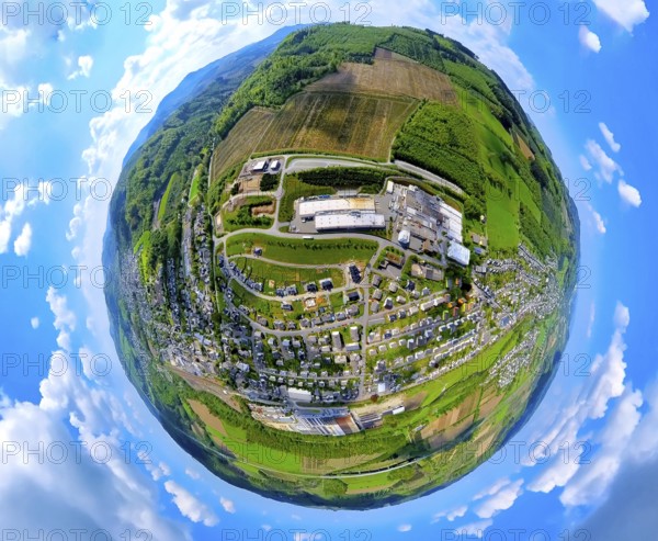 Aerial view, residential area, view of Bestwig, industrial area with Howmet Aerospace Tital Gmbh, forest area and tree plantations, earth globe, fisheye image, fisheye image, 360 degree image, tiny world, little planet, fisheye image, Velmede, Bestwig, Sauerland, North Rhine-Westphalia, Germany, Residential area, local view, commercial area, Howmet Aerospace Tital Gmbh, forest area, tree plantations, industrial area, nature, panorama, aerial perspective, rural, urban, architecture, landscape, technology, company, trees, buildings, houses, village, sky, overview, drone shot, panoramic view