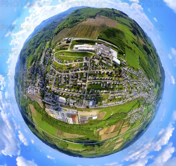 Aerial view, residential area local view Bestwig, industrial area with Howmet Aerospace Tital Gmbh, forest area and tree plantations, earth globe, fisheye image, fisheye image, 360 degree image, tiny world, little planet, fisheye image, Velmede, Bestwig, Sauerland, North Rhine-Westphalia, Germany, residential area, local view, commercial area, Howmet Aerospace Tital Gmbh, forest area, tree plantations, industrial area, nature, landscape, panoramic image, panoramic view, bird's eye view, sky, houses, infrastructure, trees, townscape, satellite image, surroundings, architecture, rural, technology, company, environment, village, settlement