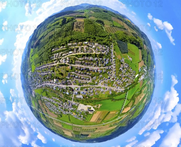 Aerial view, residential area local view Velmede, forest area with tree plantations, globe, fisheye image, 360 degree image, tiny world, little planet, fisheye image, Velmede, Bestwig, Sauerland, North Rhine-Westphalia, Germany, residential area, local view, forest area, tree plantations, village, nature, landscape, panoramic view, village life, trees, planetary view, panorama, forest, residential buildings, perspective, blue sky, topographical, region, Europe, environmental protection, settlement, detailed view
