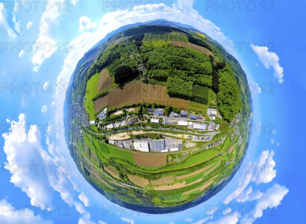 Aerial view, industrial area Im Öhler, logistics centre Spediiton Häger, hilly landscape, forest area and meadows and fields, river Luchtmücke, globe, fisheye image, fisheye image, 360 degree image, tiny world, little planet, fisheye image, Velmede, Bestwig, Sauerland, North Rhine-Westphalia, Germany, industrial area, logistics centre, forwarding agency Häger, forest area, meadows, fields, river, lynx mosquito, industry, transport, economy, landscape, nature, infrastructure, panorama, bird's eye view, rural, business, company