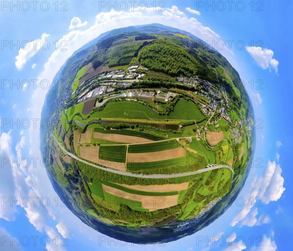 Aerial view, industrial area Im Öhler, logistics centre Spediiton Häger, Ruhrverband sewage treatment plant Bestwig-Velmede, motorway A46, hilly landscape, meadows and fields, globe, fisheye image, fisheye image, 360 degree image, tiny world, little planet, fisheye image, Wehrstapel, Meschede, Sauerland, North Rhine-Westphalia, Germany, industrial estate, Im Öhler, logistics centre, Häger forwarding company, Ruhrverband, sewage treatment plant, Bestwig-Velmede, meadows, fields, fisheye, fisheye shot, 360 degree, industry, logistics, transport, infrastructure, landscape, green, roads, flowing