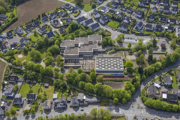 Aerial view, Realschule Bestwig, Ostwig, Bestwig, Sauerland, Germany, secondary school, school building, educational institution, landscape, village, architecture, building, school, secondary school, North Rhine-Westphalia, region, suburban, urban, German, educational institution, school grounds, outdoor area, European, infrastructure, educational institution, aerial view, bird's eye view