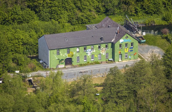 Aerial view, Altes Wasserkraftwerk Alfert, NaturRanger e.V., and green house painted with animals and plants, Ostwig, Bestwig, Sauerland, North Rhine-Westphalia, Germany, old hydroelectric power station, Alfert, painted house, green house, animals, plants, art, landscape, building, architecture, nature, environment, conservation, aerial view, renewable energy, country, painting, decoration, village, region, traditional, flora, fauna, summer, Tegel, houses, historical, rural, environment