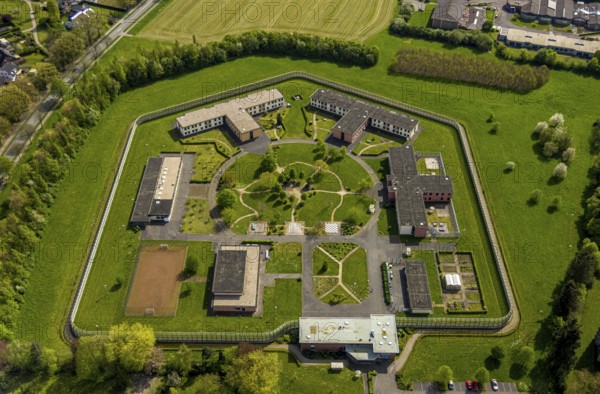 Aerial view, Forensic Psychiatry - LVR Clinic, special psychiatric facilities, circular garden, Hau, Bedburg-Hau, Lower Rhine, North Rhine-Westphalia, Germany, facility, architecture, treatment, treatment facility, service, facility, specialist clinic, forensic psychiatry, garden, health service, health facility, health care, health care, health care system, green space, healing, clinic, LVR Clinic, landscape, landscaping, aerial view, medicine, psychiatry, security, special clinic, therapy, care, outside, public facility