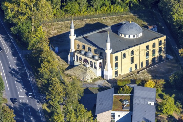 Aerial view, DITIB Bergkamen New Central Mosque, Bergkamen, Ruhr area, North Rhine-Westphalia, Germany, architecture, exterior view, roof, spring, building, community, faith, autumn, sky, culture, dome, minaret, mosque, religion, summer, city, cityscape, structure, small town, day, environment, bird's eye view, landmark, winter, clouds, Xanten, European, Islamic, religious building, urban
