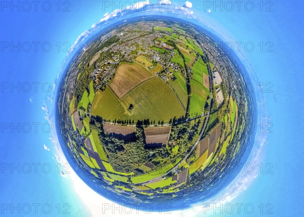 Aerial view, Emscher Landscape Park green corridor, Buckenstraße corner Lünener Straße, meadows and fields and Maiwald, globe, fisheye image, 360 degree image, tiny world, little planet, fisheye image, Oberaden, Bergkamen, Ruhr area, North Rhine-Westphalia, Germany, architecture, Emscher Landscape Park, fields, photography, open space, spring weather, geography, green space, green corridor, sky, landscape, Maiwald, nature, panorama, park, perspective, panoramic view, city, Tiny World, environment, environment, vegetation, bird's eye view, meadows, cloudy, western Germany