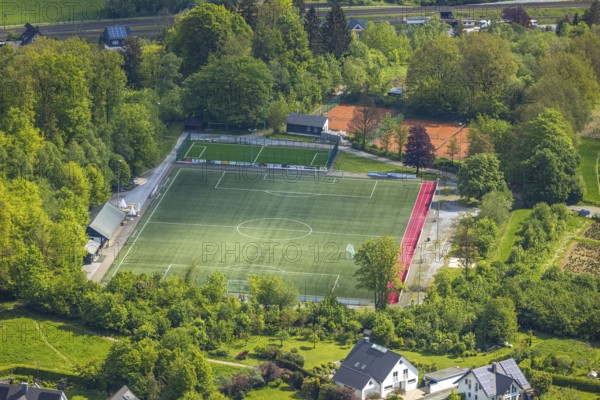 Aerial view, football stadium sports field Ostwig, tennis courts, Ostwig, Bestwig, Sauerland, North Rhine-Westphalia, Germany, football stadium, sports field, sports, facilities, outdoor shot, landscape, building, green area, leisure, infrastructure, village, region, west, architecture, sports facilities, complex, environment, recreation, facility