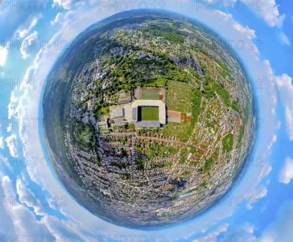 Aerial view, aerial view Bielefeld, football stadium SchücoArena of DSC Arminia Bielefeld, also Almstadion or Bielefelder Alm, solar roof, earth globe, fisheye image, 360 degree image, tiny world, little planet, fisheye image, centre, Bielefeld, East Westphalia, North Rhine-Westphalia, Germany, local view, football stadium, SchücoArena, DSC Arminia Bielefeld, Almstadion, Bielefelder Alm, fisheye, arena, stadium, sport, architecture, urban, perspective, technology, satellite image, panorama, panoramic view, townscape, aerial perspective, region, summer, daylight, sun, energy, environment