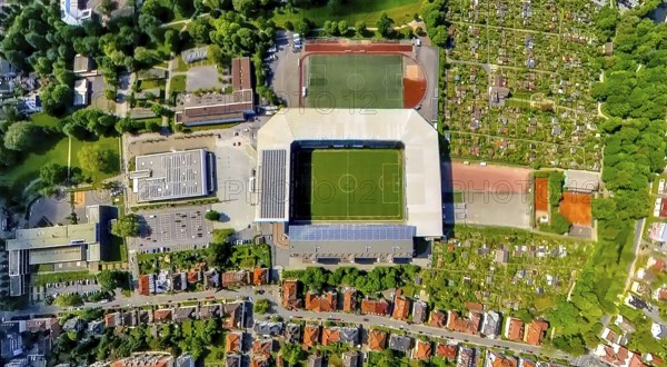 Aerial view, football stadium SchücoArena of DSC Arminia Bielefeld, also Almstadion or Bielefelder Alm, solar roof, fisheye image, fisheye image, 360 degree image, tiny world, little planet, fisheye image, centre, Bielefeld, East Westphalia, North Rhine-Westphalia, Germany, football stadium, SchücoArena, DSC Arminia Bielefeld, Almstadion, Bielefelder Alm, fisheye, stadium, panoramic view, architectural, sport, architecture, solar energy, football, perspective, panoramic image, technology, renewable energy, city view, modern, energy efficiency, building, exterior shot, drone shot, sporting event, course