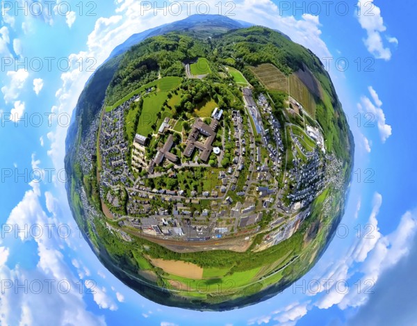Aerial view, mountain monastery Bestwig, Sisters of St. Mary Magdalene Postel, vocational college, hotel accommodation, globe, fisheye image, fisheye image, 360 degree image, tiny world, little planet, fisheye image, Ostwig, Bestwig, Sauerland, North Rhine-Westphalia, Germany, monastery, religious, educational institution, panorama, architecture, building complex, landscape, mountain region, catholic, religious community, tourism, sight, accommodation, bird's eye view, panoramic view, nature, mountain landscape, cultural heritage