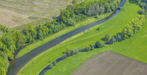Aerial view, river Luchtmücke with small weir and river Ruhr renaturalisation, Arnsberg Forest nature park Park, Velmede, Bestwig, Sauerland, North Rhine-Westphalia, Germany, river Luchtmücke, weir, river Ruhr, renaturalisation, nature park, Arnsberg Forest, nature, landscape, water, flowing waters, recreation, nature conservation, environment, forest, green, vegetation, geography, Europe, aerial perspective, daylight, summer, seasons, scenic, no persons, drone shot