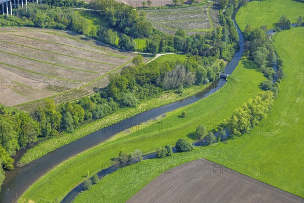 Aerial view, river Luchtmücke with small weir and river Ruhr renaturalisation, Arnsberg Forest nature park Park, Velmede, Bestwig, Sauerland, North Rhine-Westphalia, Germany, river, Luchtmücke, weir, Ruhr, renaturalisation, nature park, Arnsberg Forest, nature, landscape, water, renaturalisation project, ecology, environment, forest area, river course, green area, forest, recreation, protected area, European, German, bird's eye view, river landscape, bank, rural, waters, nature reserve, province