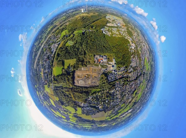 Aerial view, construction site, construction area Schacht Kuckuck for new forest settlement on the former Grimberg 3/4 mine site, TÜV Nord and new housing estate Unter den Telgen at the roundabout, forest area, earth globe, fisheye image, fisheye image, 360 degree image, tiny world, little planet, fisheye image, Weddinghofen, Bergkamen, Ruhr area, North Rhine-Westphalia, Germany, 360 degree images, architecture, construction work, construction area, construction cranes, construction site, development, Grimberg 3/4, industrial wasteland, infrastructure, roundabout, landscape, landscaping, Little Planet, aerial view, modernisation, new housing estate, perspective, Kuckuck shaft, housing estate, urban planning, Tiny World, topography, TÜV Nord, Unter den Telgen, urbanisation, forest housing estate, former mine, fisheye