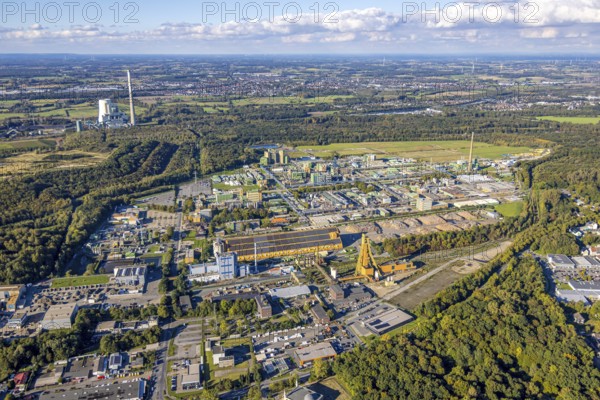 Aerial view, Bayer AG plant pharmaceutical company, rear left Bergkamen power plant, distant view and blue sky with clouds, Bergkamen, Ruhr area, North Rhine-Westphalia, Germany, architecture, Bayer AG, blue, chemistry, energy, development, factory, distant view, building, sky, horizon, industry, infrastructure, power plant, Bergkamen power plant, landscape, aerial view, perspective, pharmaceutical company, production, view, summer, cityscape, day, technology, environment, company, economy, clouds, cloudy, German