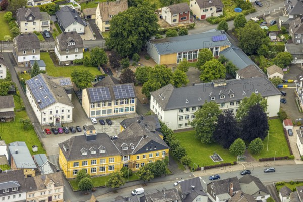 Aerial view, Städt. Primary School and House of Youth, Bad Laasphe, Wittgensteiner Land, North Rhine-Westphalia, Germany, architecture, cars, education, educational institution, trees, roof, building, community, House of Youth, sky, infrastructure, youth centre, children, landscape, people, neighbourhood, school, schoolyard, summer, town, urban area, streets, municipal primary school, daylight, surroundings, residential buildings, public facilities