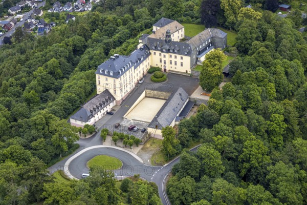 Aerial view, Wittgenstein Castle in the forest, Wittgenstein art, Bad Laasphe, Wittgensteiner Land, North Rhine-Westphalia, Germany, architecture, exterior view, monument, Europe, building, green, culture, landscape, nature, panorama, park, region, castle, Wittgenstein Castle, sight, summer, daylight, tourism, surroundings, forest, wooded, historical, rural