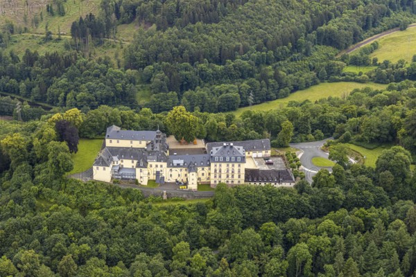 Aerial view, Wittgenstein Castle in the forest, Wittgenstein art, Bad Laasphe, Wittgensteiner Land, North Rhine-Westphalia, Germany, architecture, view, outdoor shot, castle, trees, monument, heritage, Europe, history, green, autumn, culture, landscape, Middle Ages, nature, panorama, region, destination, tranquillity, Wittgenstein Castle, sight, tourism, surroundings, landmark, forest, wooded, historic buildings, rural, picturesque