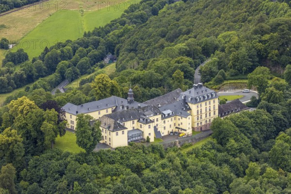 Aerial view, Wittgenstein Castle in the forest, Wittgenstein art, Bad Laasphe, Wittgensteiner Land, North Rhine-Westphalia, Germany, architecture, view, castle, trees, monument, history, green, hill, landscape, nature, panorama, Wittgenstein Castle, sight, settlement, summer, daylight, tourism, forest, European, historical buildings, cultural, rural, medieval