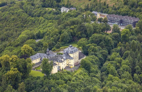 Aerial view, Wittgenstein Castle, grammar school and secondary school in the forest, Wittgenstein art, Bad Laasphe, Wittgensteiner Land, North Rhine-Westphalia, Germany, architecture, outdoor picture, education, educational institution, history, green area, grammar school, idyllic, culture, landscape, nature, panorama, secondary school, region, travel, sight, summer, tourism, environment, bird's eye view, forest, wooded, European, historic buildings, rural, picturesque, structural, traditional