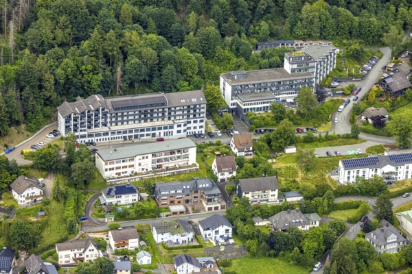 Aerial view, Diakonisches Werk Wittgenstein gGmbH - Diakoniestation Bad Laasphe Pflegedienst, Hotel AM Fang, am Waldrand, Bad Laasphe, Wittgensteiner Land, North Rhine-Westphalia, Germany, Architectural, Diakoniestation, Diakonisches Werk Wittgenstein gGmbH, Facilities, recreation, building, society, healthcare, hotel, infrastructure, institution, landscape, aerial view, nature, care service, care service, care facility, region, tranquillity, social work, town, tourism, forest, forest edge, rural, professional
