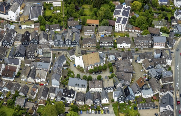 Aerial view, Bad Laasphe, Wittgensteiner Land, North Rhine-Westphalia, Germany, architecture, view, village, roofs, Europe, river, building, geography, sky, houses, hills, infrastructure, small town, landscape, nature, panorama, region, settlement, town, streets, day, urban, clouds, forests, rural