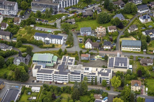 Aerial view, municipal grammar school, Bad Laasphe, Wittgensteiner Land, North Rhine-Westphalia, Germany, architecture, educational institution, exterior view, educational institution, education, campus, village, drone shot, building, autumn, infrastructure, classroom, landscape, teacher, region, school, school grounds, schoolyard, pupils, city view, urban development, urban, teaching, bird's eye view, green land, medium-sized, northern Europe, public school, overview
