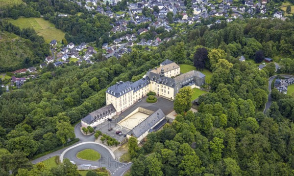 Aerial view, Wittgenstein Castle in the forest, Wittgenstein art, Bad Laasphe, Wittgensteiner Land, North Rhine-Westphalia, Germany, architecture, outdoor shot, castle, trees, monument, Europe, history, hill, culture, landscape, aerial view, nature, panorama, castle, Schloss Wittgenstein, sight, summer, daylight, tourist destination, forest, wooded, historic buildings, rural, picturesque