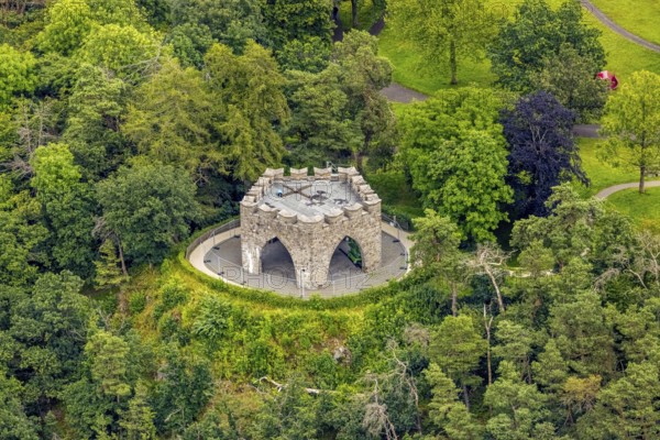 Aerial view, Steinchen memorial in the spa gardens, memorial for war victims, Bad Laasphe, Wittgensteiner Land, North Rhine-Westphalia, Germany, architecture, exterior view, memorial, memorial for war victims, drone view, honour, tribute, preservation, memory, peace, commemoration, history, green, war victims, spa gardens, landscape, memorial, monument, nature, park, view from the air, Steinchen memorial, surroundings, historical, cultural, traditional