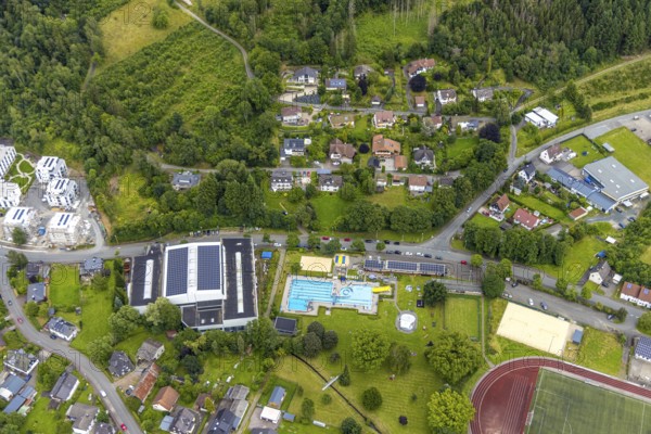 Aerial view, Wabachbad, outdoor pool and lawn, Buhlschlag housing estate, children's pool, Bad Laasphe, Wittgensteiner Land, North Rhine-Westphalia, Germany, outdoor area, bathing fun, Buhlschlag, refreshment, recreation, Europe, families, outdoor pool, leisure, building, green area, houses, children, landscape, lawn, aerial view, neighbourhood, nature, perspective, swimming pool, summer, city, water, housing estate, swimming