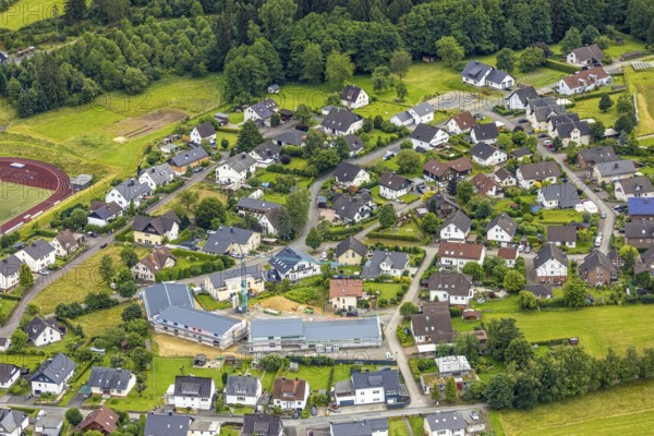 Aerial view, construction site and new construction senior citizens' park between Oberer Wallachei and Ditzroder Weg, residential area Zum Winterkasten, Bad Laasphe, Wittgensteiner Land, North Rhine-Westphalia, Germany, architecture, outdoor area, construction work, construction projects, construction site, Ditzroder Weg, village, drone shot, development, European Union, building, infrastructure, construction, landscape, aerial view, new construction, Obere Wallachei, senior citizens' park, summer, city view, urban planning, urban, daylight, environment, Western Europe, residential area, Zum Winterkasten, geographical, modern