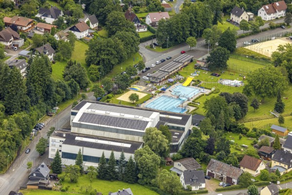 Aerial view, Wabachbad, outdoor pool and sunbathing area, children's pool, Bad Laasphe, Wittgensteiner Land, North Rhine-Westphalia, Germany, architecture, outdoor area, relaxation, refreshment, recreation, adults, families, outdoor pool, leisure, leisure activity, community, green spaces, infrastructure, children, landscape, sunbathing area, nature, splashing, swimming pool, swimming pool, summer, sun, fun, sport, daylight, tourist destination, water, water fun, regional attraction, swimming