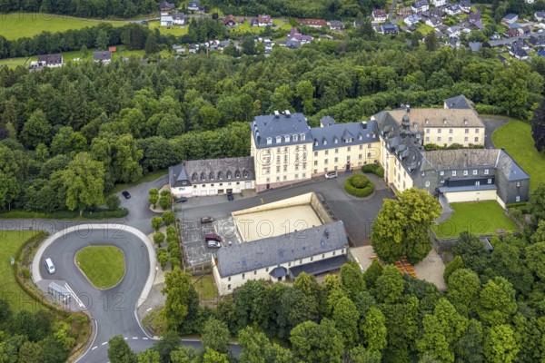 Aerial view, Wittgenstein Castle in the forest, Wittgenstein art, Bad Laasphe, Wittgensteiner Land, North Rhine-Westphalia, Germany, architecture, view, outdoor shot, castle, trees, monument, drone, heritage, Europe, building, green, culture, landscape, nature, panorama, region, travel, castle, Wittgenstein Castle, sight, summer, tourism, surroundings, forest, wooded, historical, rural, picturesque