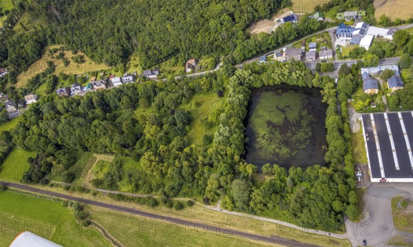 Aerial view, forest area with pond Amalienhütter Weiher, residential area, Niederlaasphe, Bad Laasphe, Wittgensteiner Land, North Rhine-Westphalia, Germany, Amalienhütter Weiher, architecture, outdoor shot, trees, village, recreation, Europe, green area, houses, idyll, landscape, recreation area, nature, peace, summer, silence, scenery, pond, environment, bird's eye view, forest area, water, German forest, rural