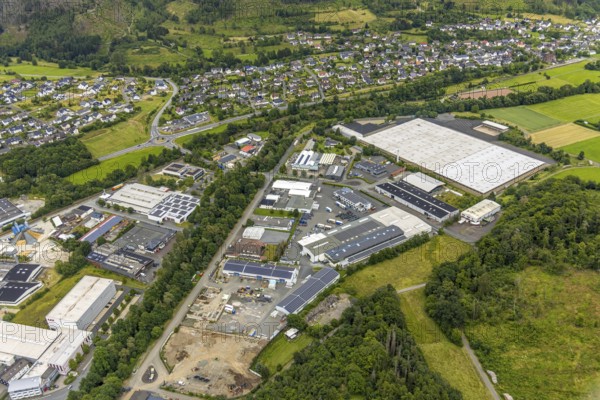 Aerial view, industrial estate Industriestraße and Lahnuferstraße, Bad Laasphe, Wittgensteiner Land, Germany, jobs, architecture, roofs, development, factories, vehicles, river, riverbank, building, commercial, industrial estate, Industriestraße, infrastructure, warehouses, Lahn, Lahnuferstraße, landscape, North Rhine-Westphalia, city, roads, company, urban, traffic, bird's eye view, economy, industrial, commercial, overview