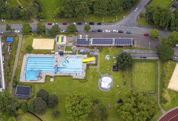 Aerial view, Wabachbad, outdoor pool and sunbathing area, children's pool, Bad Laasphe, Wittgensteiner Land, North Rhine-Westphalia, Germany, architecture, outdoor area, trees, village, relaxation, refreshment, recreation, recreational facility, families, outdoor pool, leisure, building, green, green spaces, infrastructure, children, landscape, sunbathing area, nature, swimming pool, summer, fun, daylight, tourism, bird's eye view, water, blue, regional, swimming, sunny
