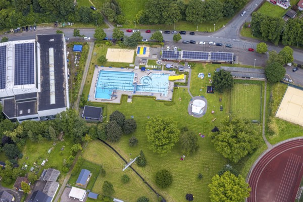 Aerial view, Wabachbad, outdoor pool and sunbathing area, children's pool, Bad Laasphe, Wittgensteiner Land, North Rhine-Westphalia, Germany, outdoor area, bathers, village, relaxation, recreation, adults, families, outdoor pool, leisure, terrain, community, green space, infrastructure, children, landscape, sunbathing area, nature, swimming pool, summer, fun, bird's-eye view, water, regional attraction, swimming, sunny
