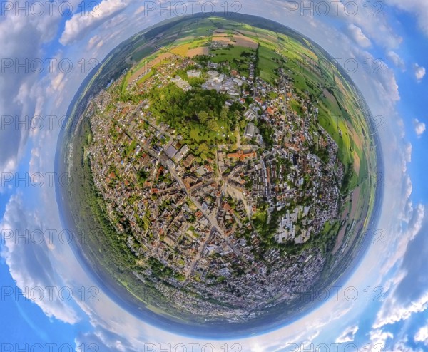 Aerial view, view of Bad Lippspringe with congress centre, Arminiuspark with castle ruins and river Lippequelle and Arminius Quelle Pavillon, Father's Day celebration in Arminiuspark at the congress centre with visitors, earth globe, fisheye image, 360 degree image, tiny world, little planet, Bad Lippspringe, East Westphalia, North Rhine-Westphalia, Germany, view of the town, congress centre, Arminiuspark, castle ruins, river, Lippe spring, Arminius spring pavilion, Father's Day festival, visitors, Tiny World, Little Planet, fisheye image, park, festival, people, event, panorama, landscape, architecture, nature, urban, historical site, green spaces, holiday, pavilion, building, tourism, culture, leisure, recreation, bird's eye view, sky, day, summer, sight