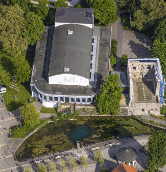 Aerial view, Congress Centre Bad Lippspringe, Arminiuspark with castle ruins and river Lippequelle and Arminius Quelle Pavilion, Bad Lippspringe, East Westphalia, North Rhine-Westphalia, Germany, Congress Centre, Arminiuspark, castle ruins, river, Lippequelle, Arminius Quelle Pavilion, nature, architecture, green spaces, trees, waters, historical, leisure, recreation, culture, sight, tourism, urban, landscape, park, water, pavilion, ruins, urban development, green, sky, daylight