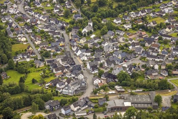 Aerial view, evang. Church and half-timbered houses, local view residential area on Sieg-Lahn-Straße, Feudingen, Bad Laasphe, Wittgensteiner Land, North Rhine-Westphalia, Germany, architecture, German, village, roofs, Protestant church, half-timbered houses, communities, green, homeland, houses, infrastructure, church, small town, culture, landscape, aerial view, local view, province, religion, settlement, settlement area, Sieg-Lahn-Straße, structure, environment, residential area, wooded, European, historic, historic buildings, ecclesiastical, rural, traditional