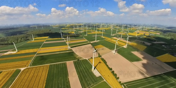 Aerial view, wind farm and wind farm, wind turbine, wind turbines and tiled meadows and fields near Meerhof, earth globe, fisheye image, fisheye image, 360 degree image, tiny world, little planet, fisheye image, Meerhof, Marsberg, East Westphalia, North Rhine-Westphalia, Germany, wind farm, wind farm, wind turbines, tiled meadows, fields, landscape, renewable energy, agriculture, green, nature, sustainable energy, electricity production, aerial perspective, rapeseed fields, technology, infrastructure, energy production, environment, clean energy, architecture, rural, European Union, village
